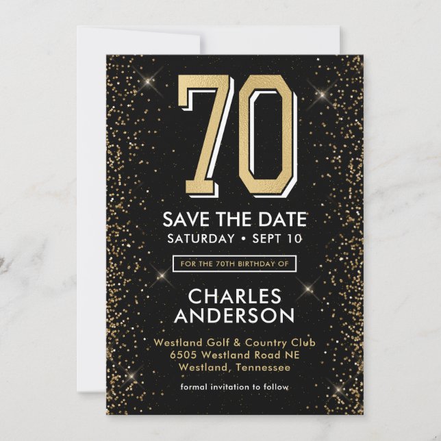Moderner 70. Geburtstag in Schwarz Save The Date (Vorderseite)