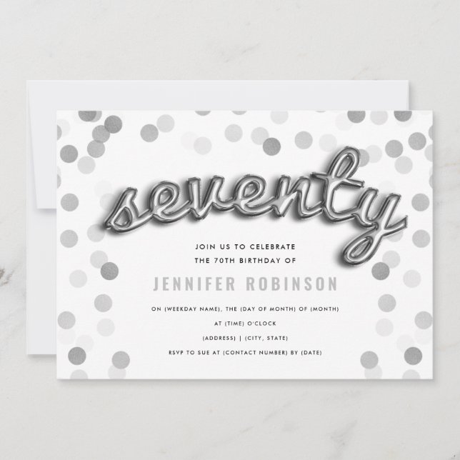 Moderner 70. Geburtstag Silberballons Glitzer Einladung (Vorderseite)