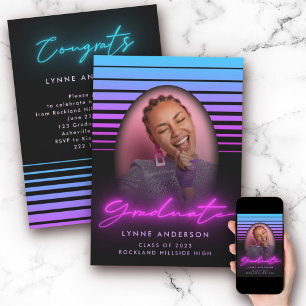 Moderner 70er Retro Neon Foto Abschluss Einladung