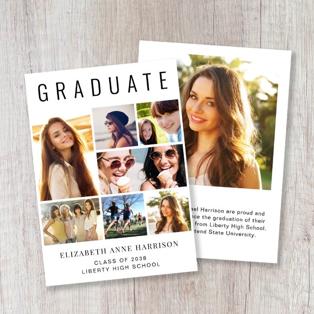 Moderner 8-Foto Collage Abschluss Ankündigung (A modern photo collage graduation announcement to celebrate the graduate's achievements)