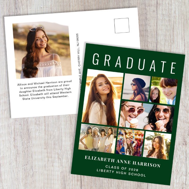 Moderner 8 Foto Grüner Abschluss Ankündigungspostkarte (Von Creator hochgeladen)