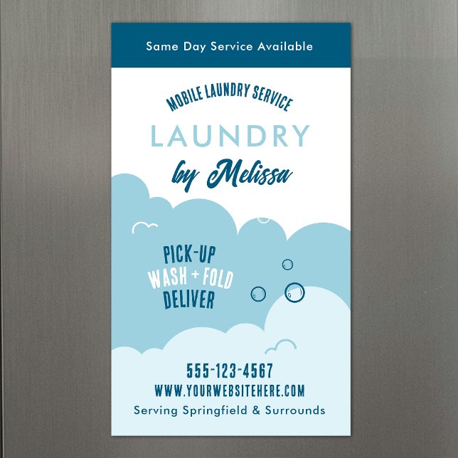 Moderner Abhol-Waschservice Blau & Weiß Magnet (Trendy mobile laundry service marketing magnetic business cards in light blue and white)