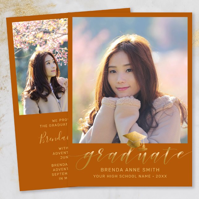 Moderner Abschluss 2 Foto Gold Script Cap Orange Ankündigung (Modern Two Photo Gold Script on Orange Graduation Announcement)