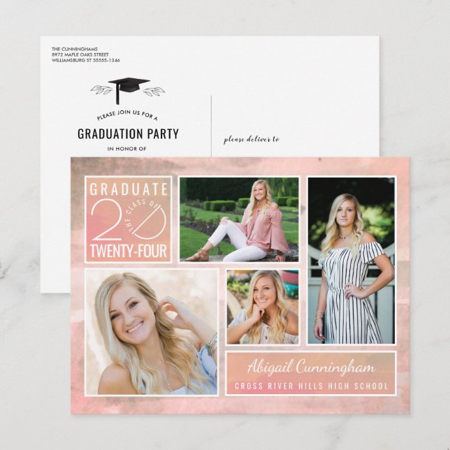 Moderner Abschluss 4 Foto Blush Wasserfarbe Postkarte (Vorne/Hinten)
