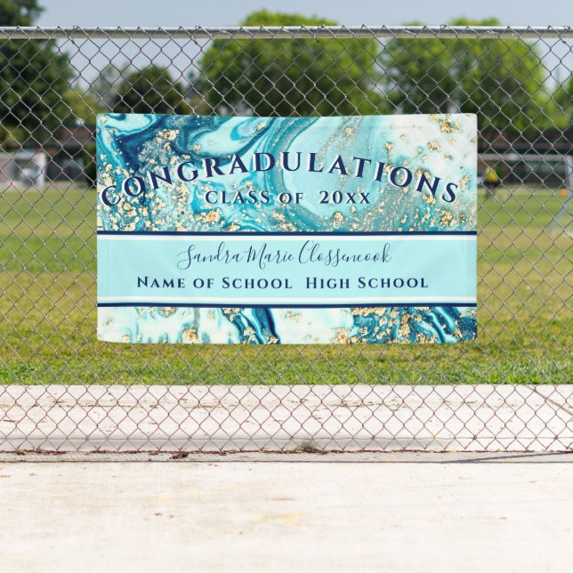 Moderner Abschluss Blue Marble Swirl Gold Glitzer Banner (Insitu)