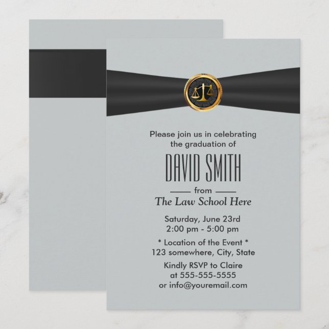 Moderner Abschluss der Black Ribbon Silver Law Sch Einladung (Vorne/Hinten)