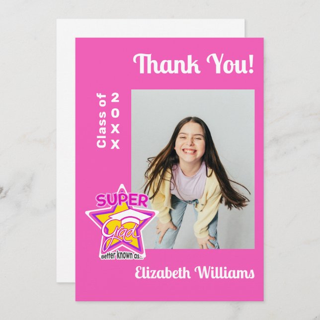 Moderner Abschluss Super Grad Pink bearbeitbar Dankeskarte (Vorne/Hinten)