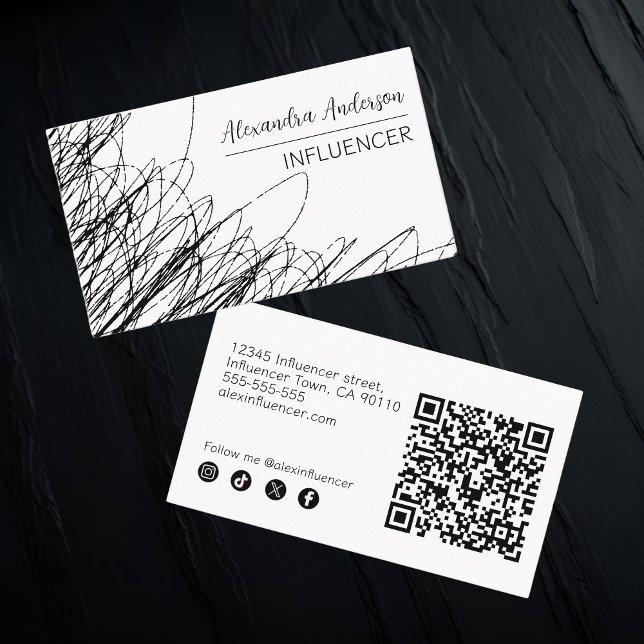 Moderner Abstrakter QR-Code für Schwarz und Weiß Visitenkarte (Modern Black And White Abstract Scribble QR Code Business Card)