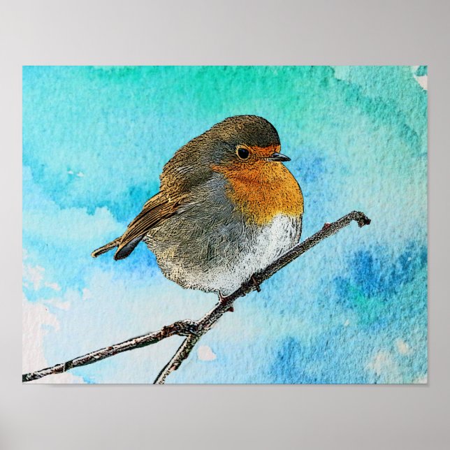 Moderner abstrakter Robin-Vogel mit Aquarell-Sprit Poster (Vorne)