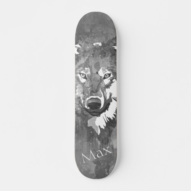 Moderner abstrakter Schwarz-weißer Wolf Skateboard (Vorne)