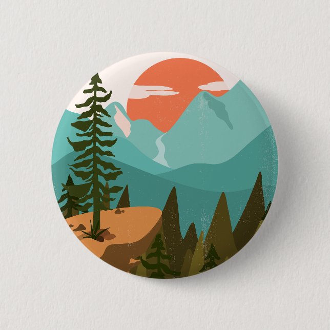 Moderner Abstrakter Wald, Gebirge und Sonnenaufgan Button (Vorderseite)