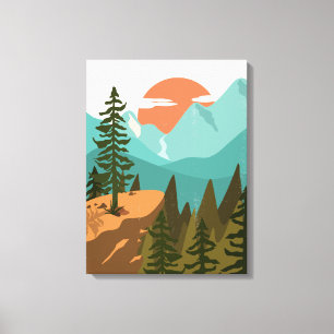 Moderner Abstrakter Wald, Gebirge und Sonnenaufgan Leinwanddruck