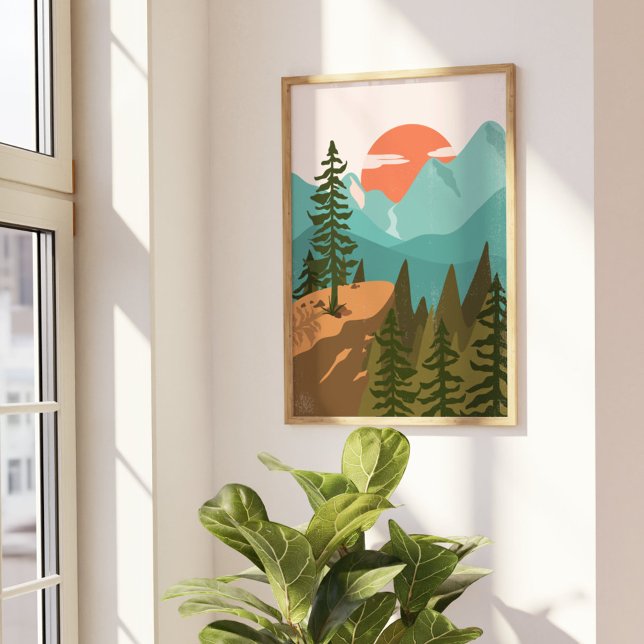Moderner Abstrakter Wald, Gebirge und Sonnenaufgan Poster (In situ Beside the window)