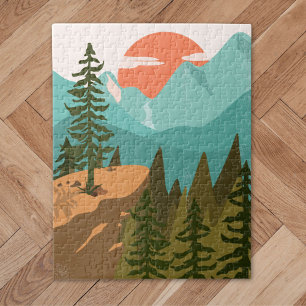 Moderner Abstrakter Wald, Gebirge und Sonnenaufgan Puzzle