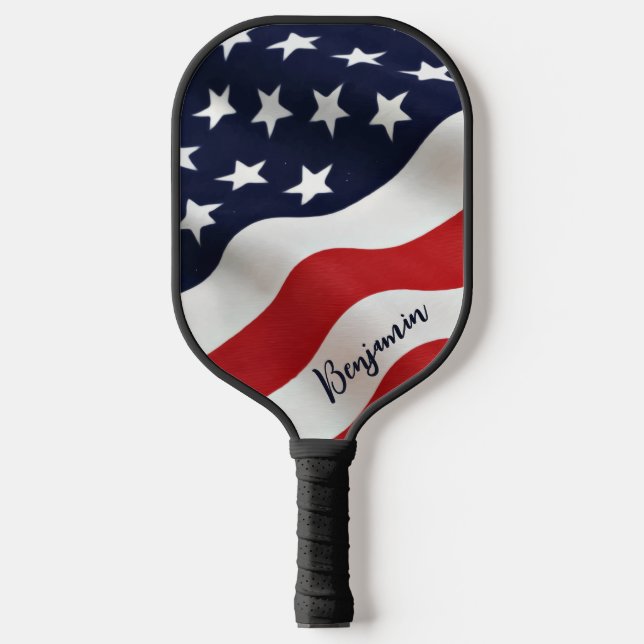 Moderner amerikanischer Flaggenname Personalisiert Pickleball Schläger (Vorderseite)
