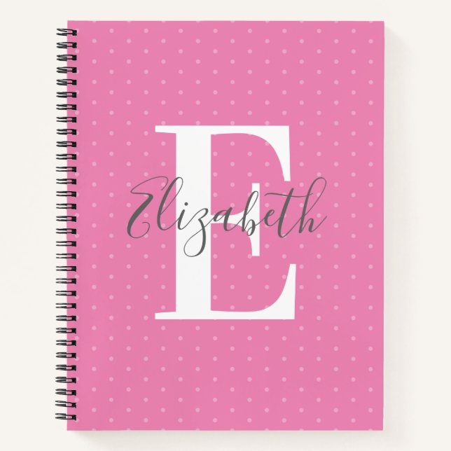 Moderner Anfangsname Polka Dot Pink Girly Notizbuch (Vorderseite)
