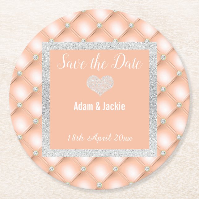 MODERNER APRICOT PEACH DIAMOND SAVE THE DATE UNTER RUNDER PAPPUNTERSETZER (Vorderseite)