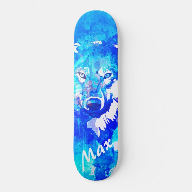 Moderner aquamarin-grüner Wolf Skateboard (Vorderseite)