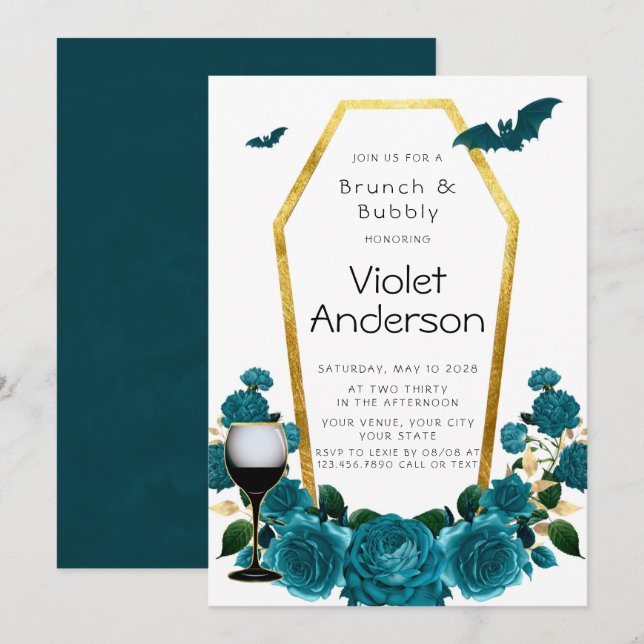 Moderner Aquamariner Goldcoffin Florals Brunch & B Einladung (Vorne/Hinten)