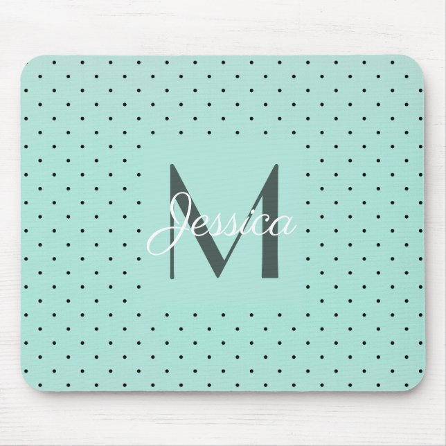 Moderner Aquamariner Polka-Dot und Monogramm Mousepad (Vorne)
