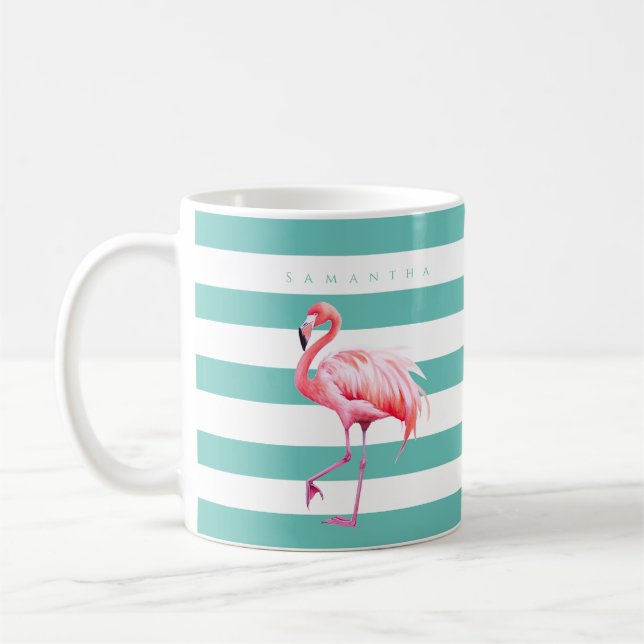 Moderner Aquamariner weißer Streifen Pink Flamingo Kaffeetasse (Links)