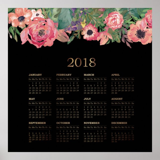 Moderner Aquarellblumen-Kalender 2018 Poster (Vorne)