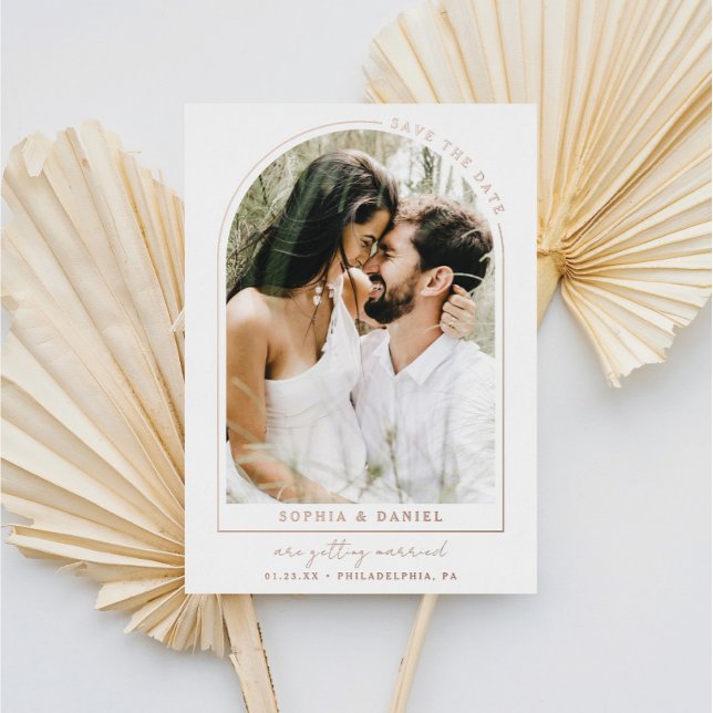 Moderner Arch Boho Arch mit Foto Save the Date Folieneinladung (Von Creator hochgeladen)