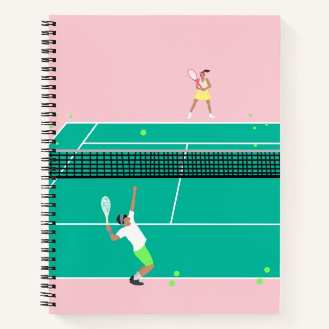 Moderner Art Tennis Match Player Rosa Grün Notizbuch (Vorderseite)