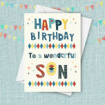 Moderner Atomic Vintag Son Birthday Mitte des Jahr Karte<br><div class="desc">Feiern Sie mit dieser modernen atomaren Geburtstagskarte aus der Mitte des Jahrhunderts den Geburtstag Ihres Sohnes im Retro-Stil! Diese großartige Karte zeichnet sich durch ein gewagtes, atomar inspiriert Design mit einem Vintagen Flair aus, ideal für den Sohn, der eine Touch des Rückwurfs cool schätzt. Die lebhaften Farben und auffälligen Muster...</div>