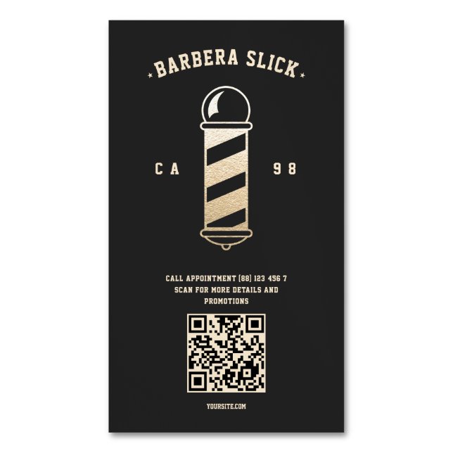 Moderner Barbershop Barber's Pole Hairstylist QR Magnetische Visitenkarte (Vorderseite Vertikal)