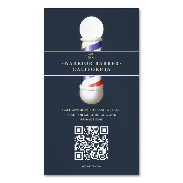Moderner Barbershop Barber's Pole Hairstylist QR Magnetische Visitenkarte (Vorderseite Vertikal)