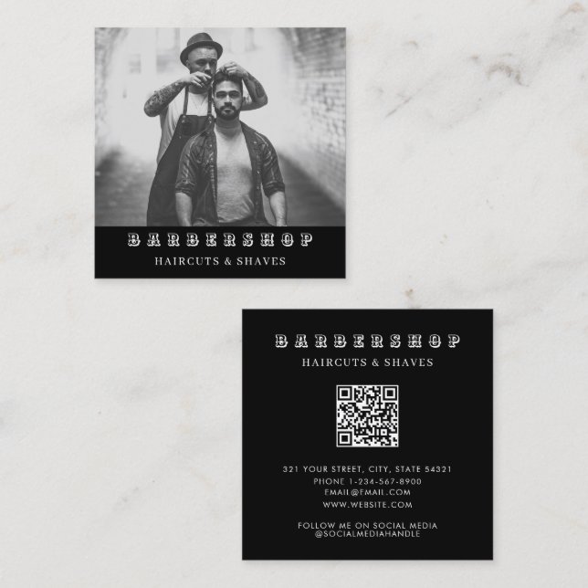 Moderner Barbershop Foto QR Quadratische Visitenkarte (Vorne/Hinten)