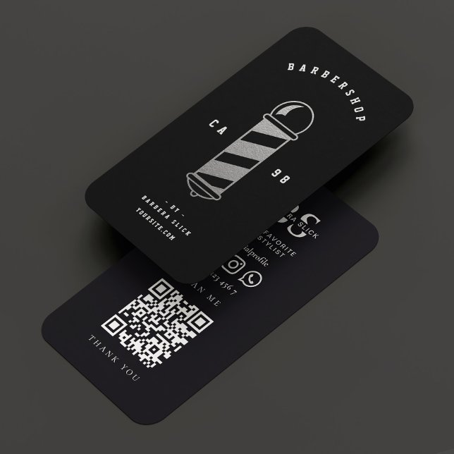 Moderner Barbershop Haircut Black Silber Barber Po Visitenkarte (Modern Barbershop Haircut Black Silver Barber Pole Business Card
)