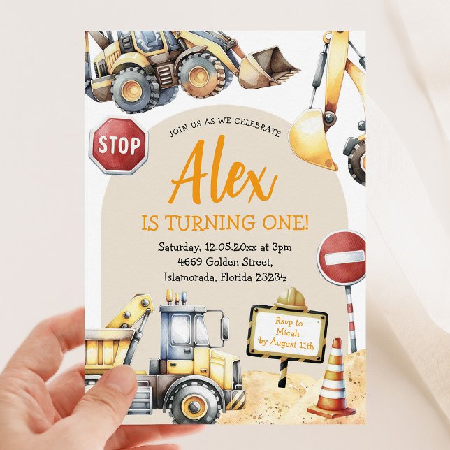 Moderner Baujunge zum ersten Geburtstag Einladung (Von Creator hochgeladen)