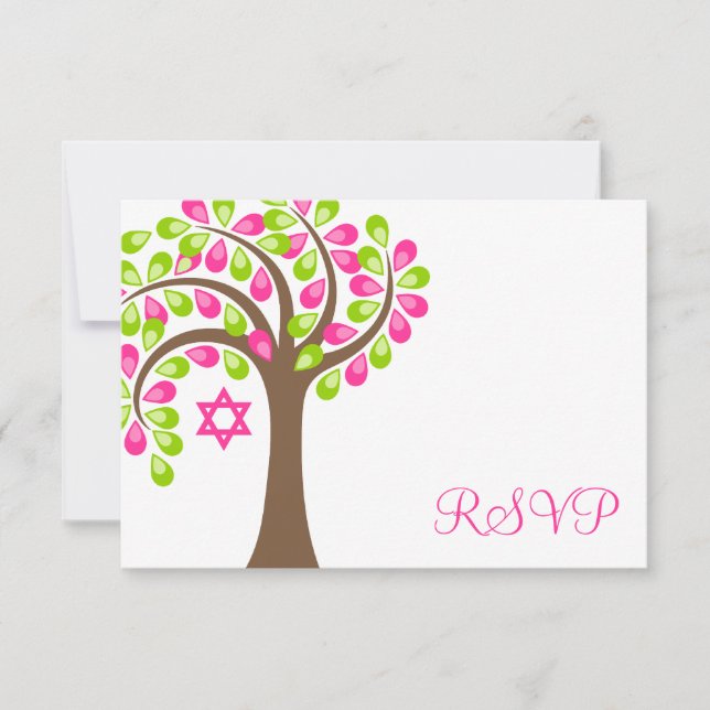 Moderner Baum Rosa Grüner Bat Mitzvah UAWG RSVP Karte (Vorderseite)
