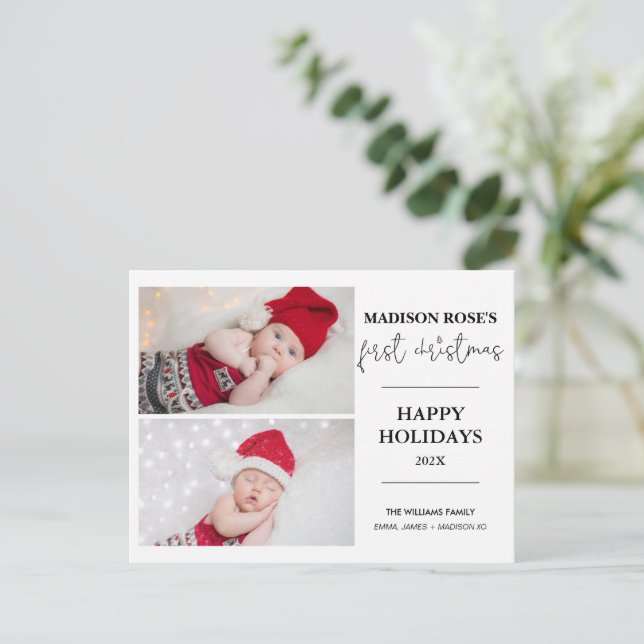 Moderner Baum Zwei Foto Erste Weihnachtskarte Postkarte (Stehend Vorderseite)