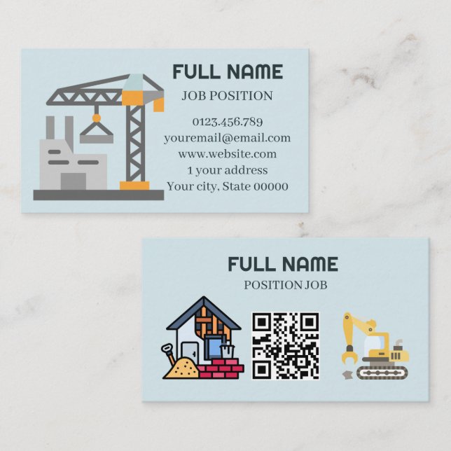 Moderner Bauunternehmer QR-Code Hellblau Visitenkarte (Vorne/Hinten)