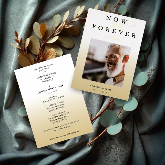 Moderner Bestattungsservice für Minimalistisches F Folieneinladung (Modern Gradient Minimalist Photo Funeral Service Metallic Foil Invitation Cards.)
