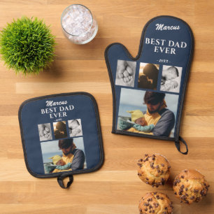 Moderner Bester Vater je Vatertag Keepake 4 Foto Ofenhandschuh & Topflappen-Set