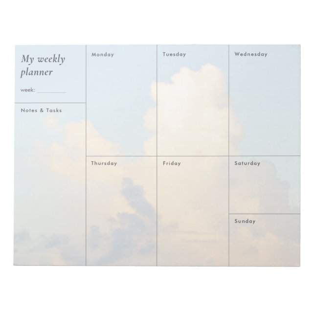 Moderner bewölkter Himmel Minimalistischer Wochenp Notizblock (Vorderseite)