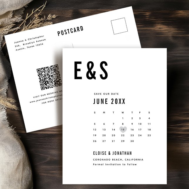 Moderner Big Bold Monogram Kalender Save the Date Postkarte (Modern Big Bold Monogram Calendar classic wedding Save The Date Postcard)