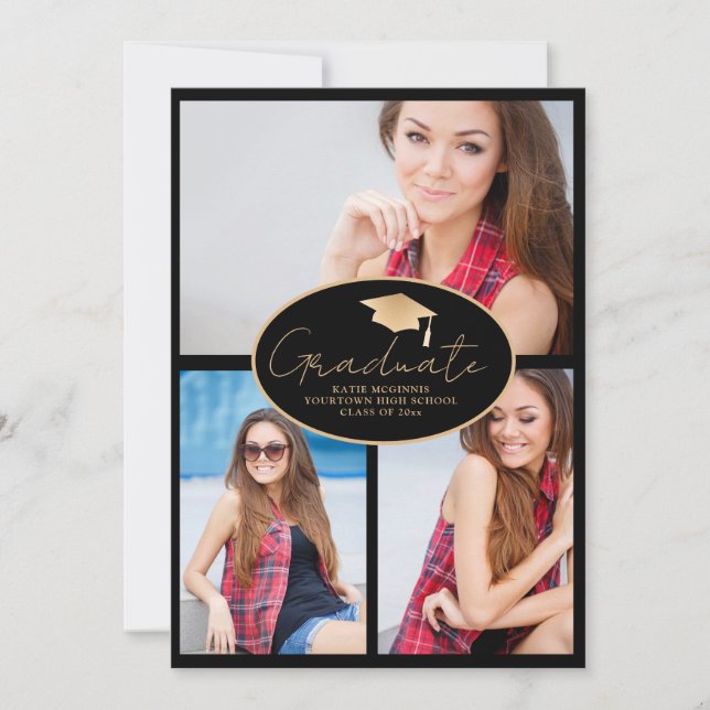 Moderner Black Gold 3-Foto Abschluss Ankündigung (Vorderseite)