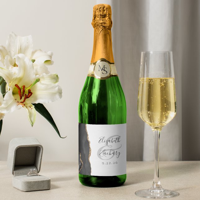 Moderner Black Gold Agate Hochzeit Sparkling Wine  (Von Creator hochgeladen)