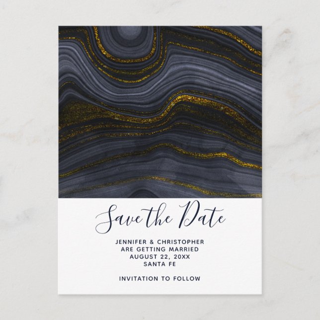 Moderner Black & Gold Agate Stone Save the Date Postkarte (Vorderseite)