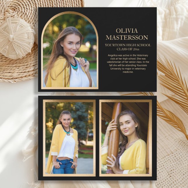 Moderner Black Gold Arch Abschluss 3-Foto Ankündigung (Modern, elegant black and gold 3-photo graduation announcement card)