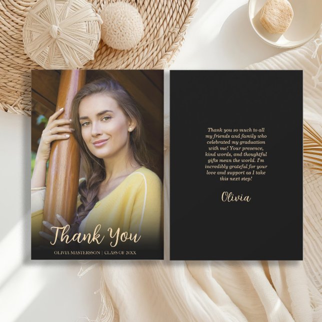 Moderner Black Gold Foto Abschluss Dankeskarte (Graduation photo Thank You card)