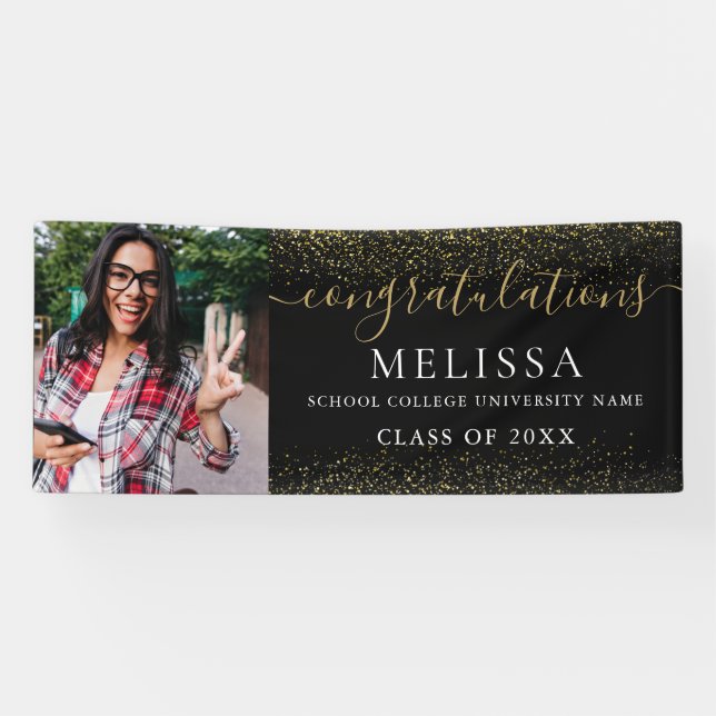 Moderner Black Gold Glitzer Foto Abschluss Banner (Horizontal)