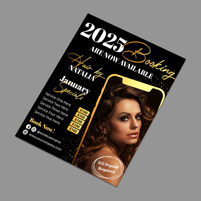 Moderner Black Gold Hair Salon 2025 Buchung Flyer (Von Creator hochgeladen)