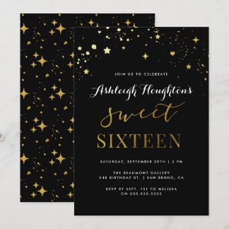 Moderner Black & Gold Star Confetti Sweet 16 Einladung