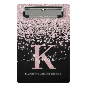 Moderner Black Pink Rose Gold Glitzer Mit Monogram Mini Klemmbrett
